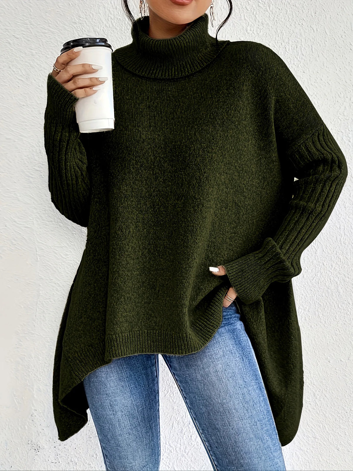 Tamsin | Asymmetric Hem High Neck Knit Sweater