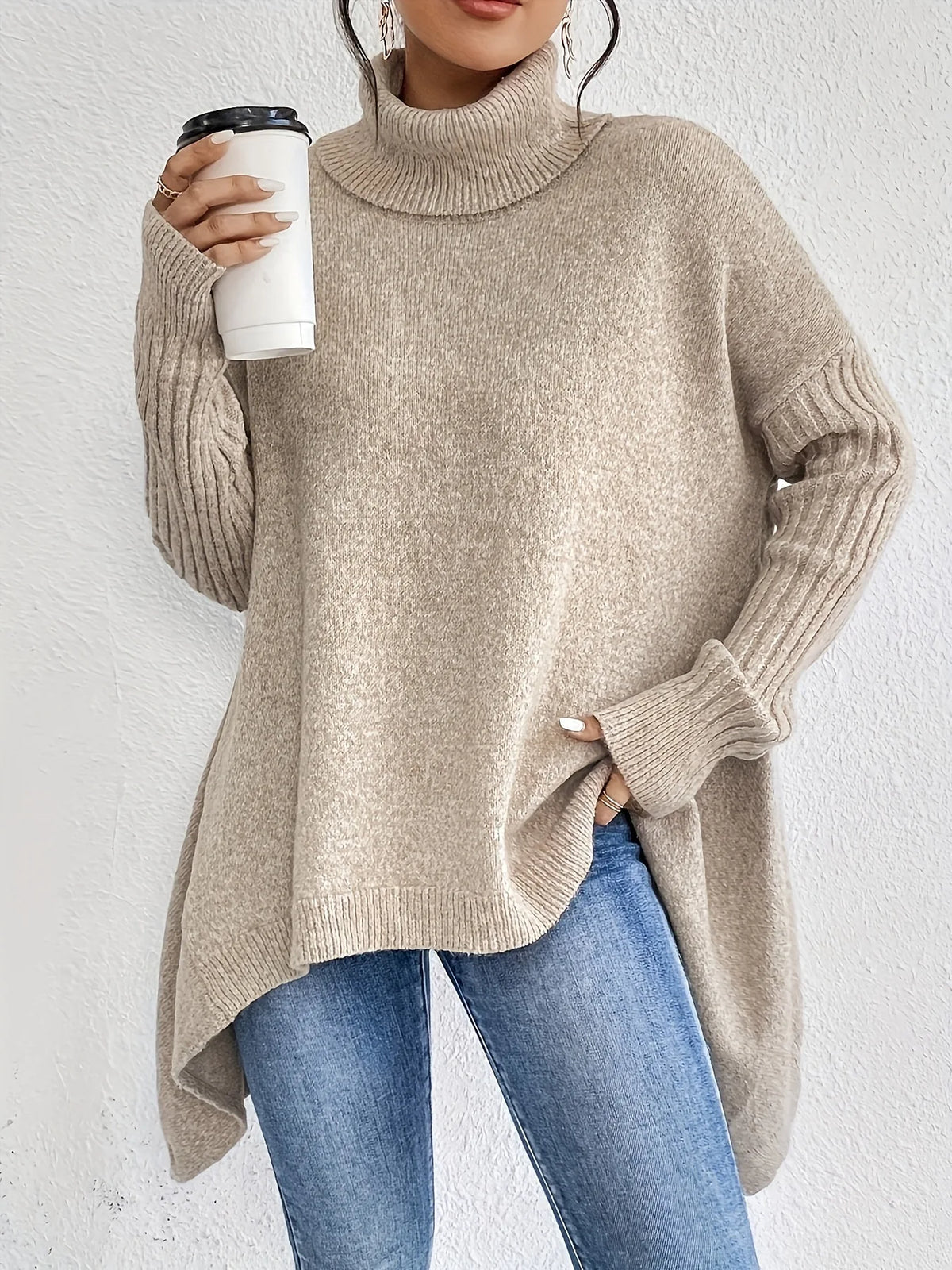 Tamsin | Asymmetric Hem High Neck Knit Sweater