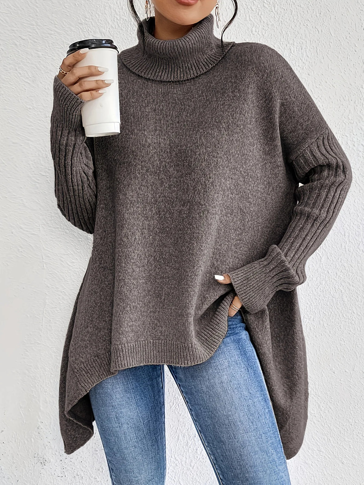 Tamsin | Asymmetric Hem High Neck Knit Sweater
