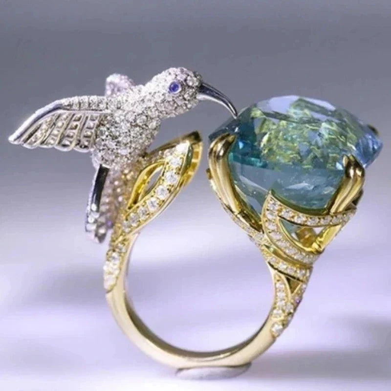 Adjustable Aquamarine-Colour Hummingbird Ring – 14K Gold Plated