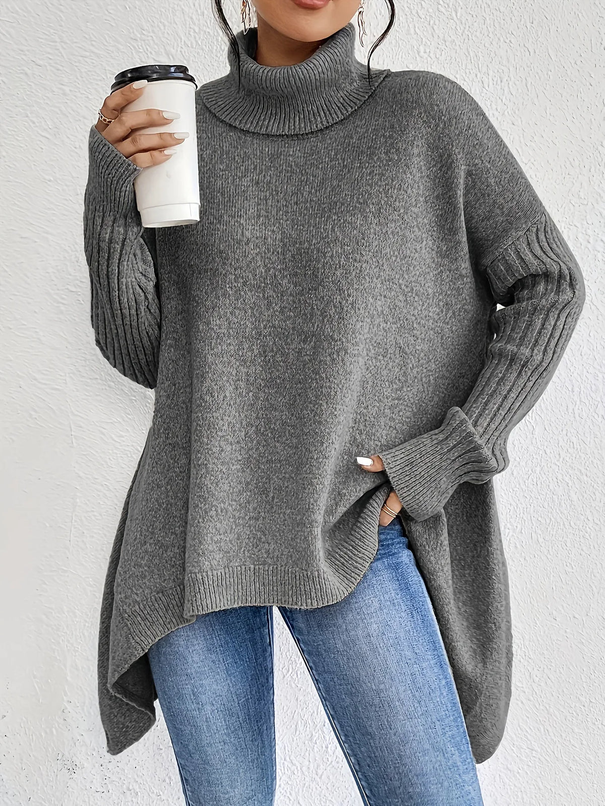 Tamsin | Asymmetric Hem High Neck Knit Sweater